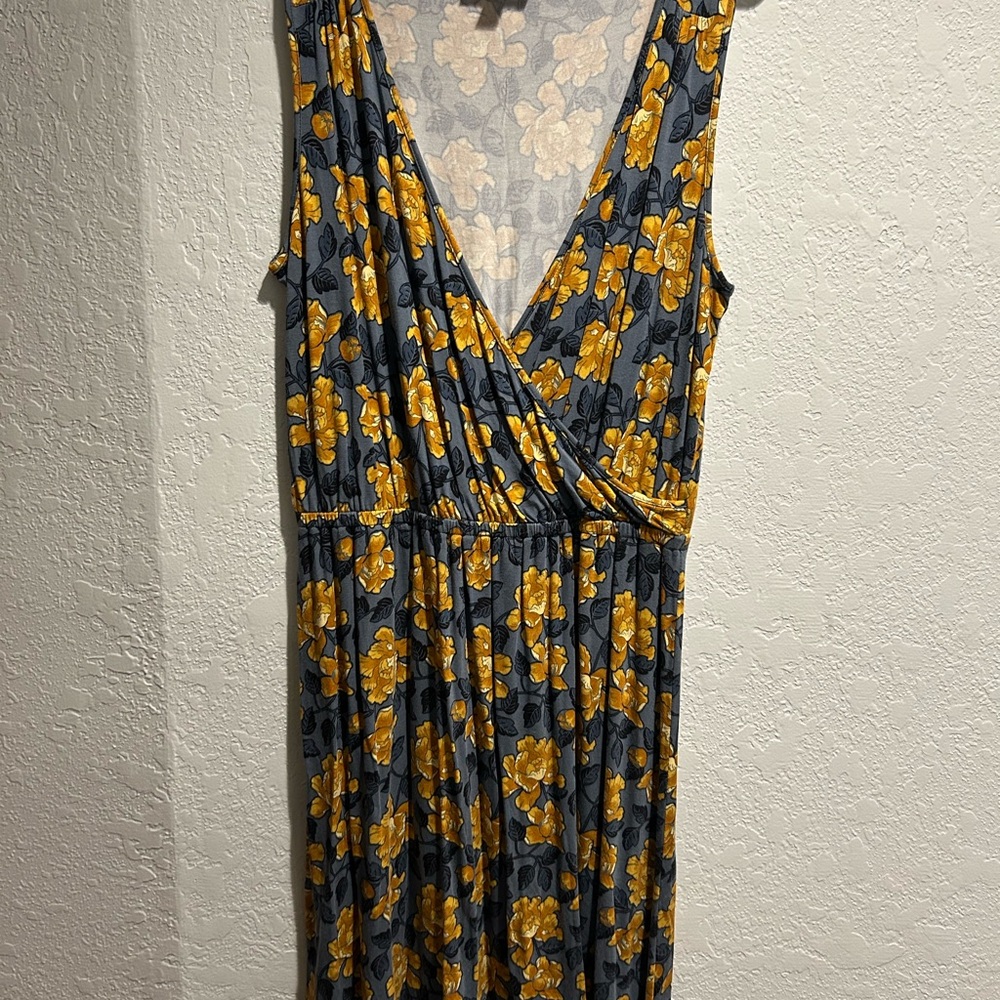 LOFT Yellow Floral Midi Dress on Gray Background